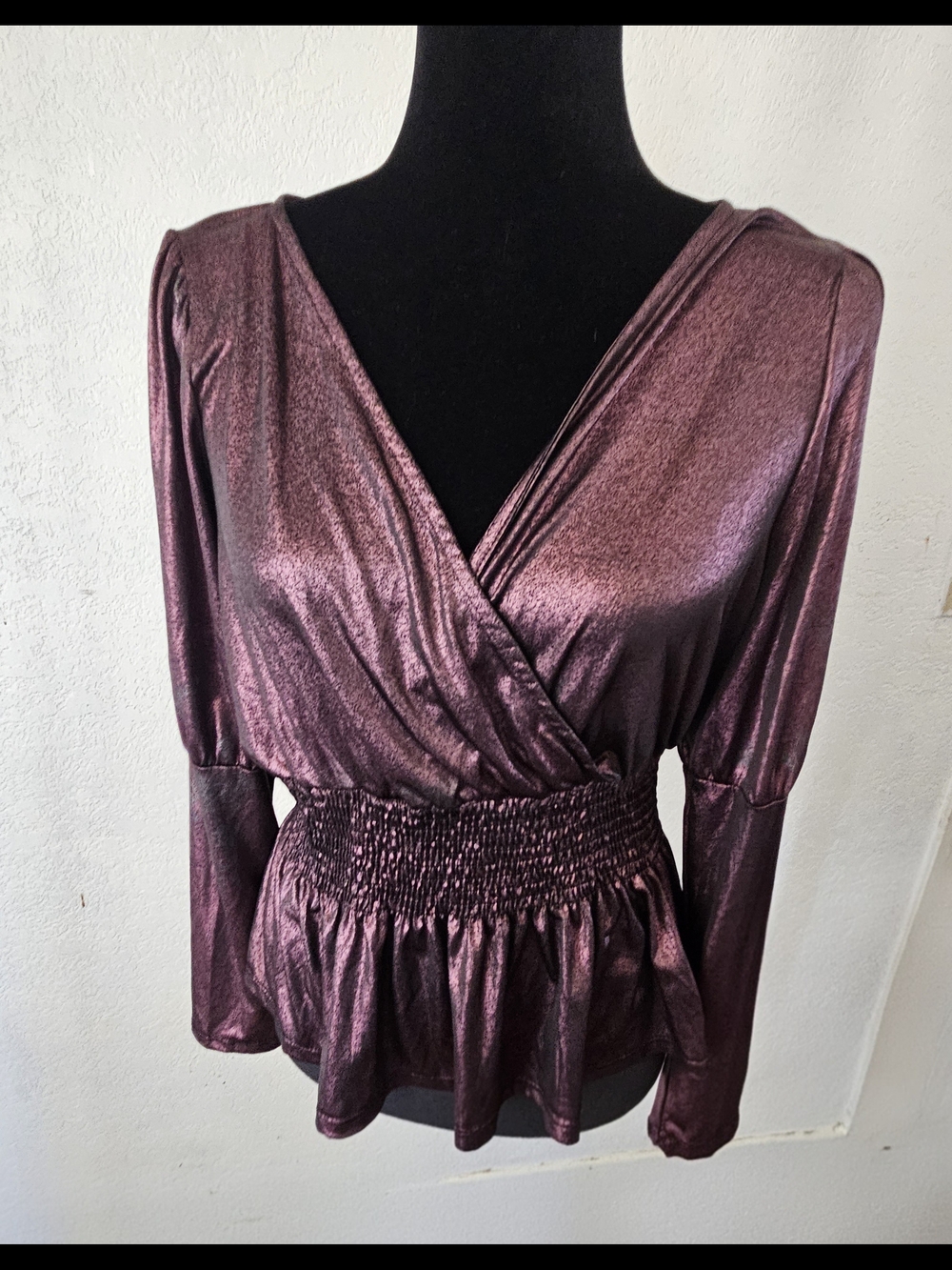 Lavish Metallic Plum Wrap Peplum Blouse